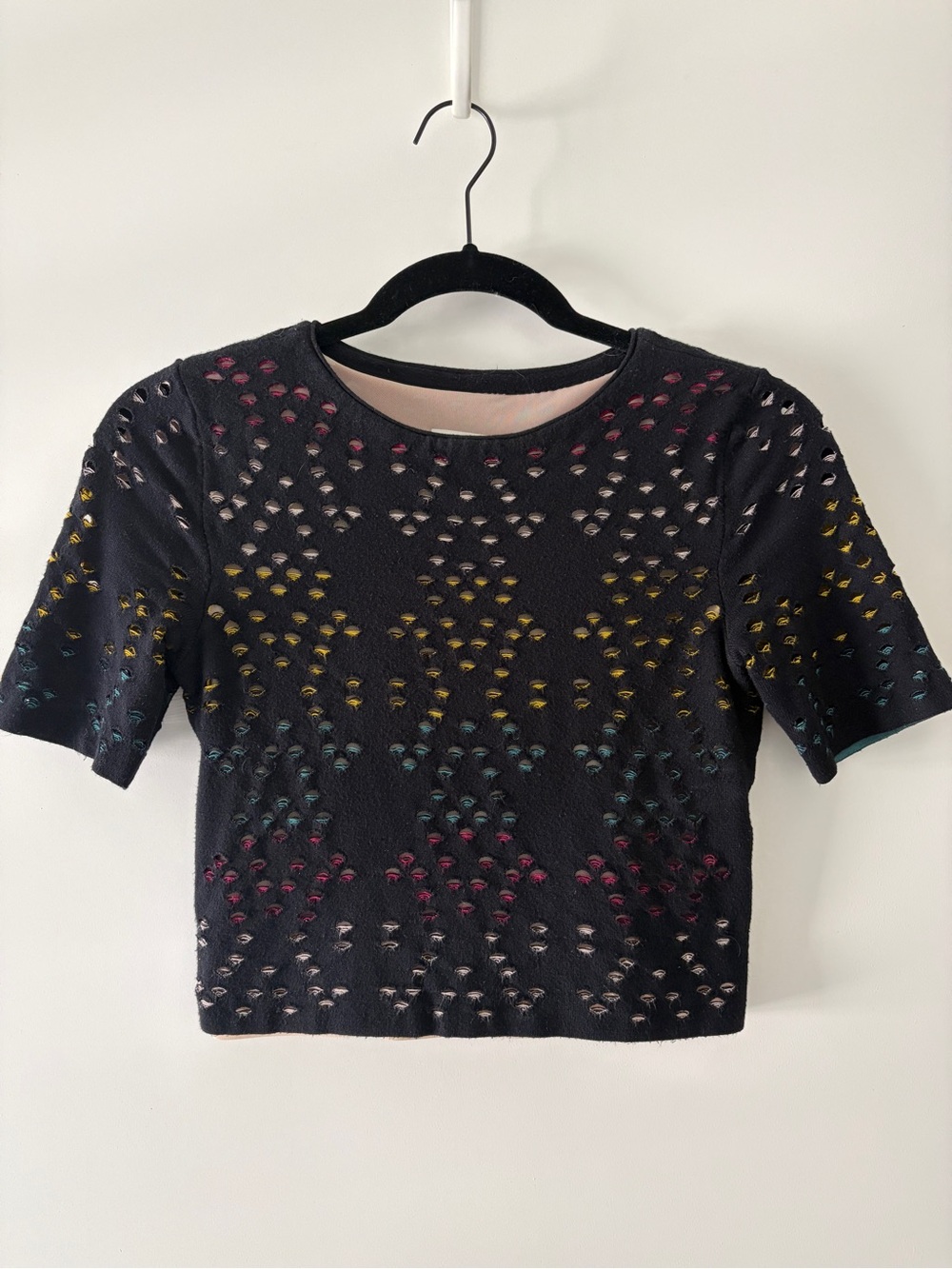 Alice + Olivia Black Short-Sleeve Crop Top with Multicolor Eyelet Detailing